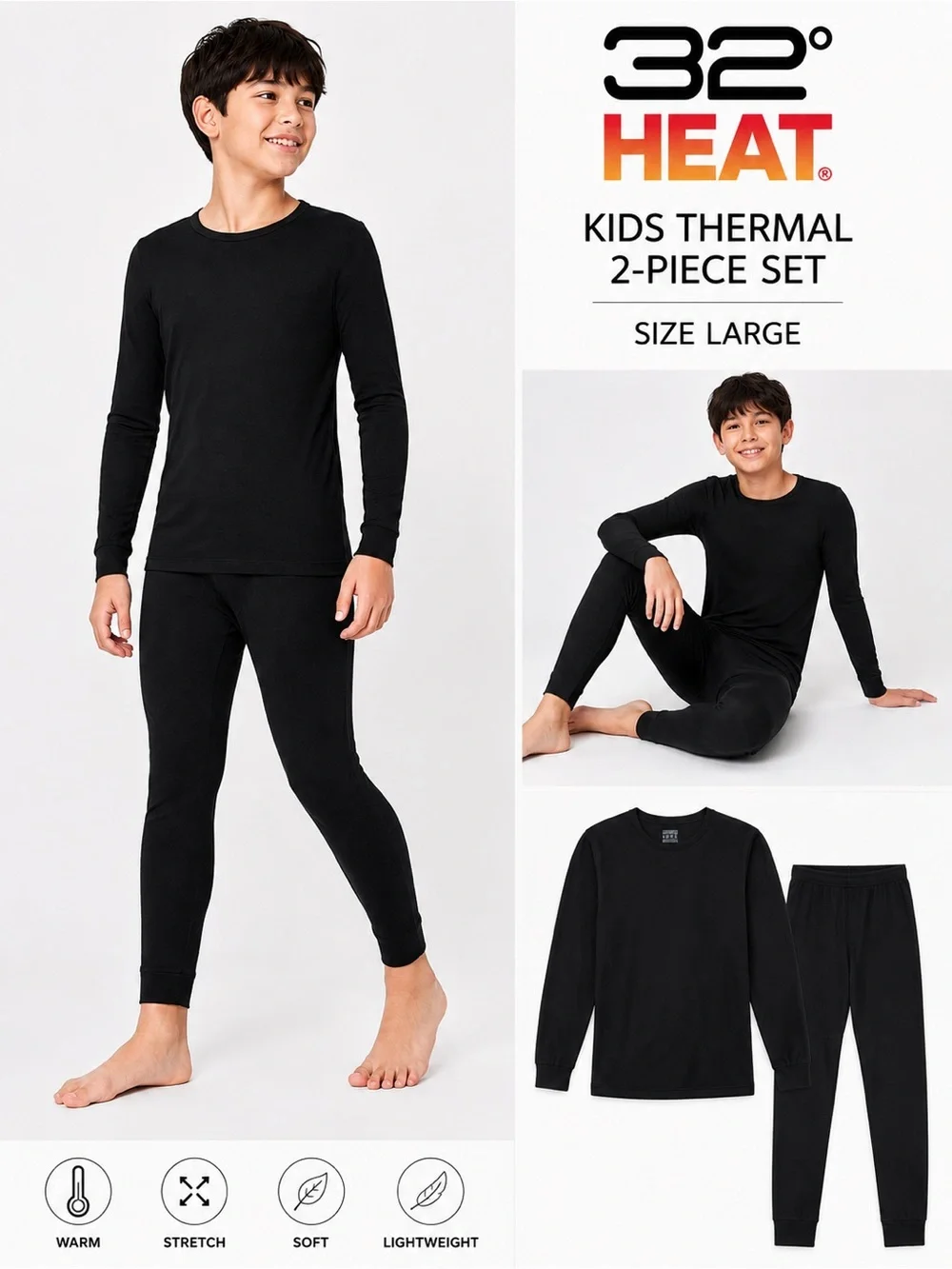 32 Degrees Heat Kids Black Thermal Base Layer Set Large